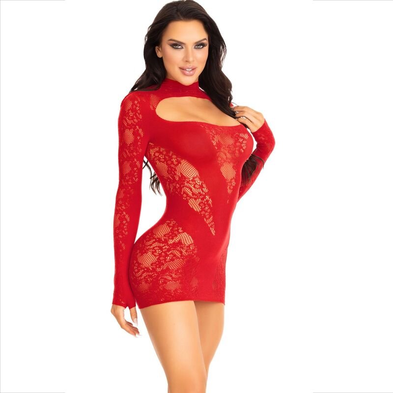 Leg Avenue - Mini Robe Rouge avec Dentelle Manches Longues - Gabychou - Lingerie épicée