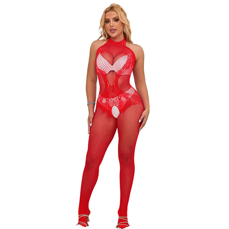 Subblime – Bodystocking Résille et Dentelle sans Fourrure, Col Montant, Rouge, Taille Unique