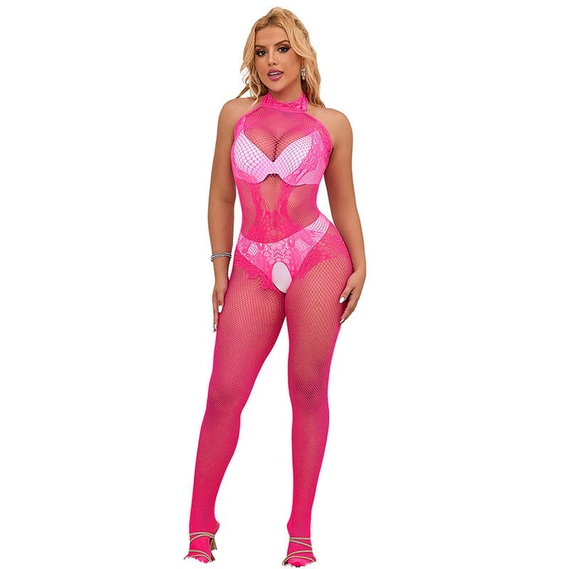 Subblime – Bodystocking Résille et Dentelle Sans Fourrure Avec Col Montant Rose Taille Unique