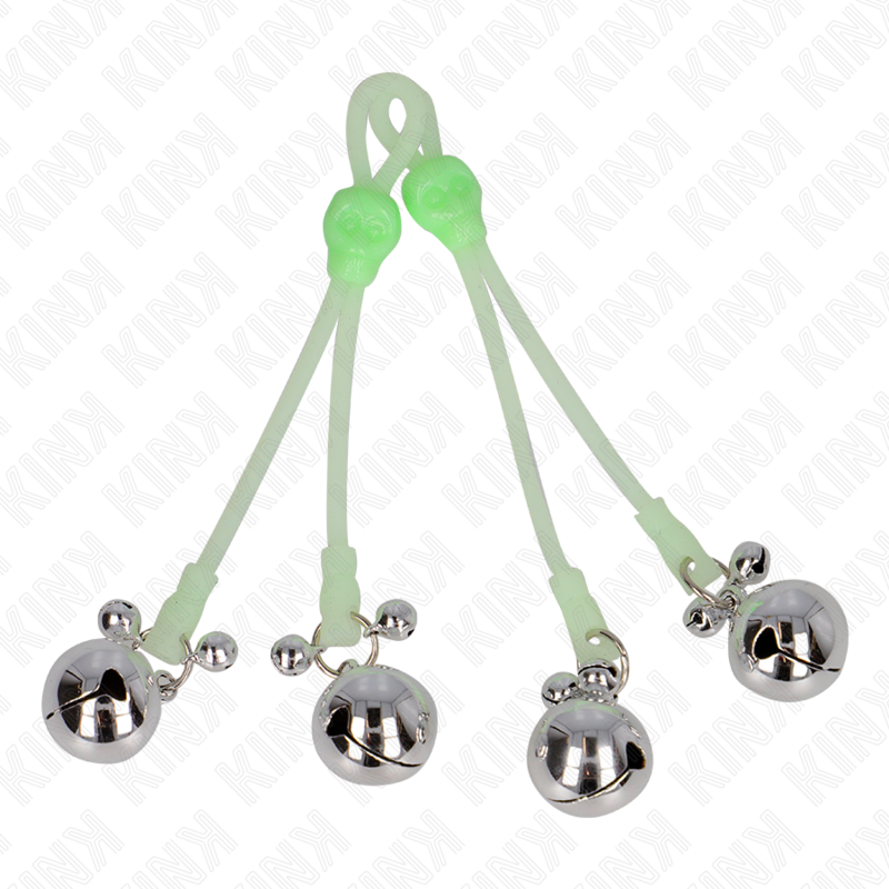 Kink – Pinces à Téton Lumineuses avec Crâne et Anneau de Cloches Réglables Vert/Argent