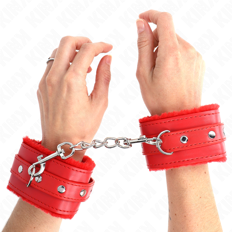 Kink - Appui-poignets Doublés de Fourrure Premium Rouge avec Ceinture Réglable 17-29cm x 6cm - Gabychou - Fétichisme