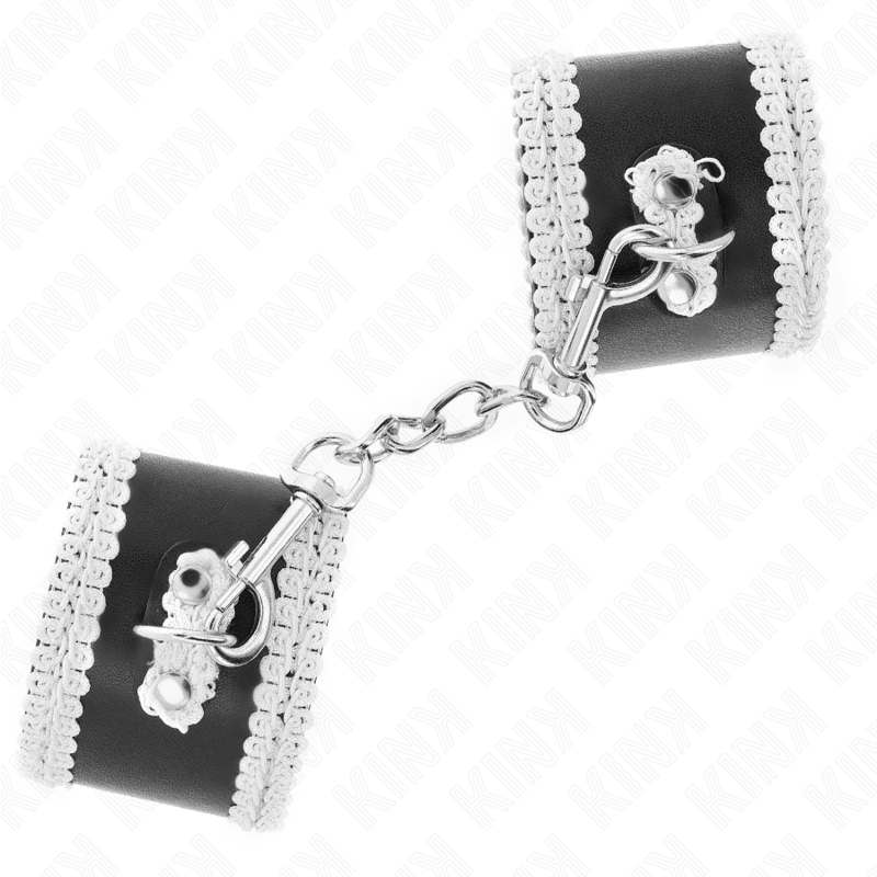 Kink - Appui-Poignets Noir avec Dentelle Blanche Décorée Réglable 20-23cm x 5,5cm - Gabychou - Fétichisme