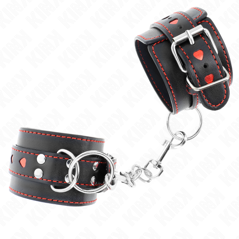 Kink - Appui-Poignets Noir Avec Incrustation Coeur Rouge Réglable 21-28cm x 5,5cm - Gabychou - Fétichisme