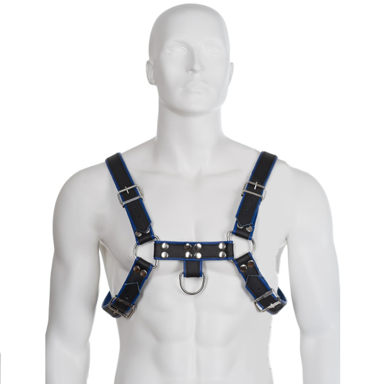 Leather Body - Harnais Bulldog en Cuir Noir/Bleu - Gabychou - Harnais pour hommes