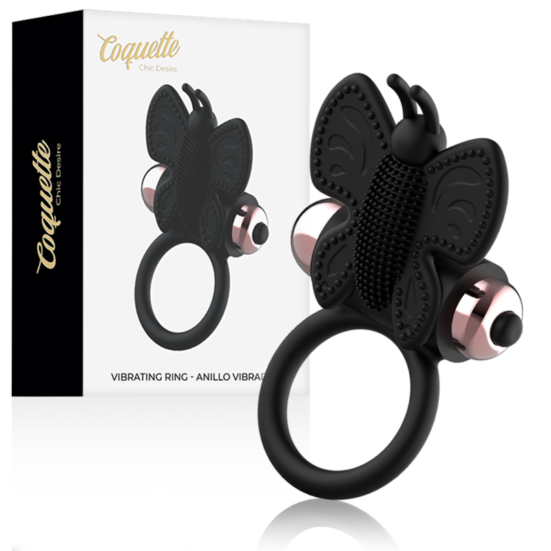 Coquette Toys – Cockring Papillon avec Vibrateur Noir Or